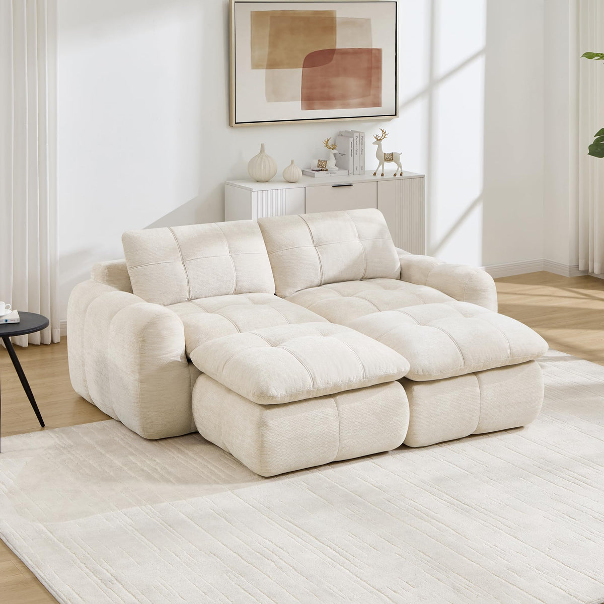 Sofá de 3 plazas con 1 taburete chenilla beige