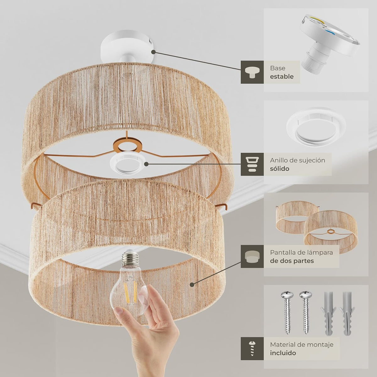 tectake® Lampara Techo Dormitorio Boho Artesanal en Yute Sostenible con Estructura de Acero, Lámpara de Techo Colgante Salón 40 W, Lampara Salon, Plafon - 45 x 45 x 27,5 cm