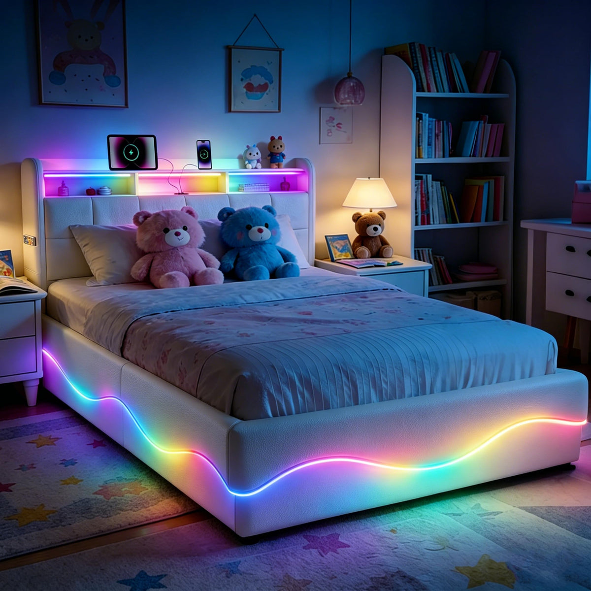Estructura de Cama 140x200 cm con iluminación LED, Lino, Gris