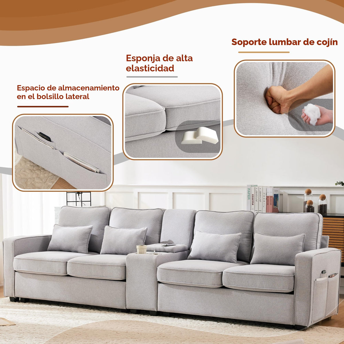 Sofá moderno de 4 plazas, en tejido de lino, soporte para bebidas, 2 puertos de carga USB con cable, bolsillos en reposabrazos y 4 cojines, sofá sencillo para sala de estar