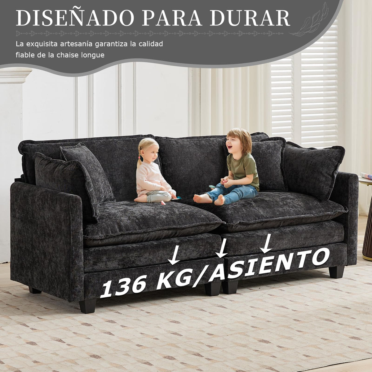 Sofá de salón modular 4 plazas 380cm, chenilla azul con cojines dobles
