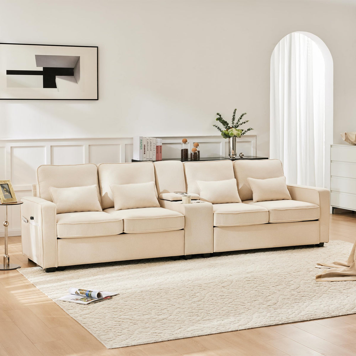 Sofá moderno de 4 plazas, en tejido de lino, soporte para bebidas, 2 puertos de carga USB con cable, bolsillos en reposabrazos y 4 cojines, sofá sencillo para sala de estar