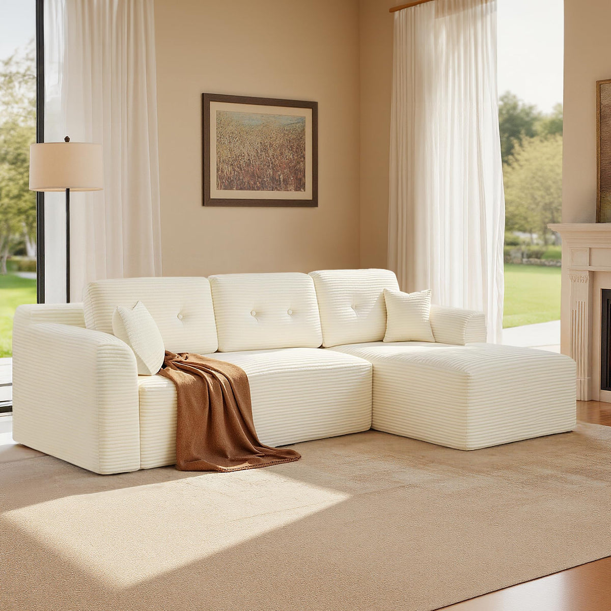 VASAGLE Sofá con Chaise Longue, Esquinero de Pana, Diseño Modular de 3 Plazas, 242 x 152 x 73 cm, Negro, para Salón, Colección Camila LCS183B101