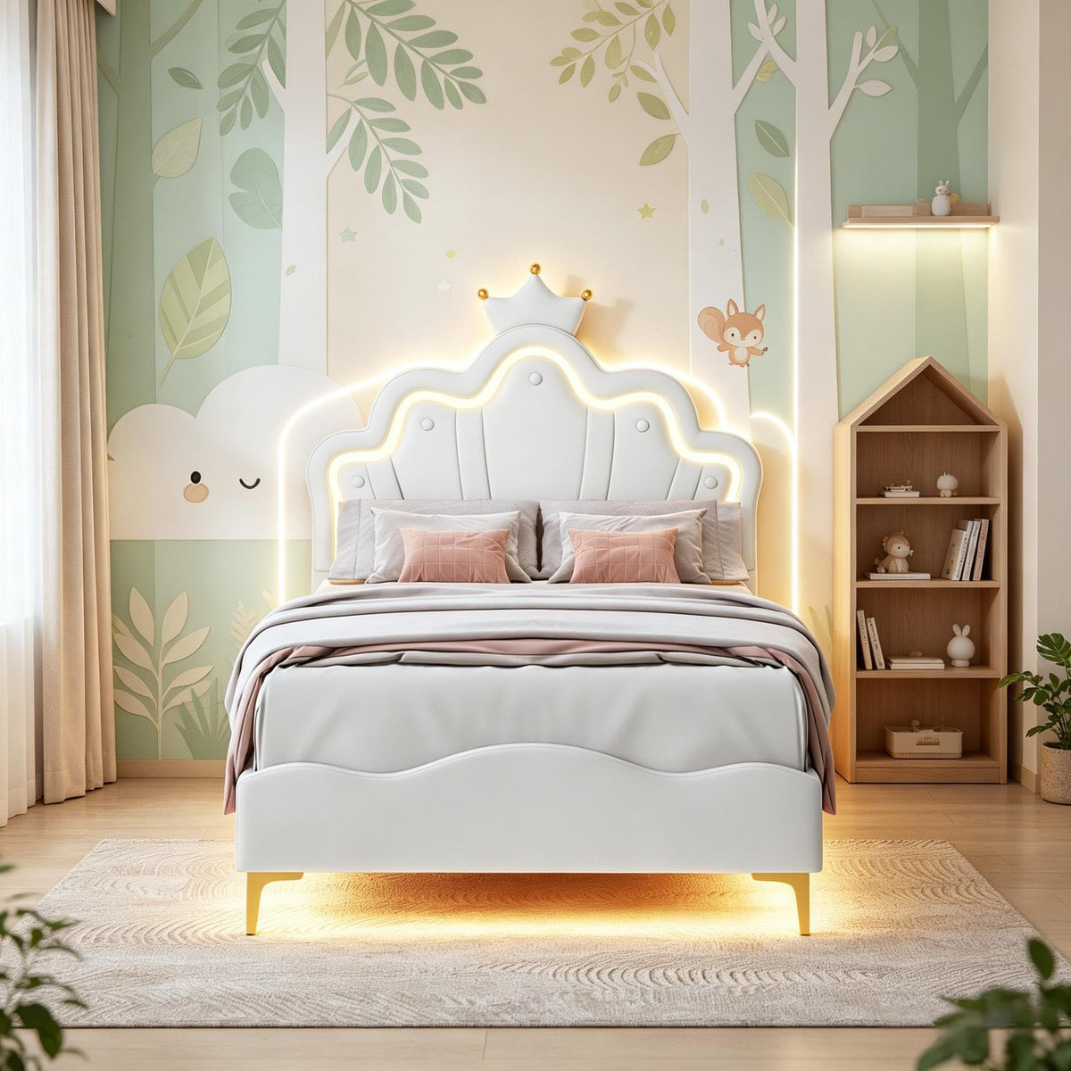 Cama Infantil tapizada 140 x 200 cm con LED, Cama tapizada para niños 140 x 200 con cabecera Ajustable Marco de Camas, Camas de Princesa para Niña en Forma de Corona con Somier(Rosa, 140 x 200)