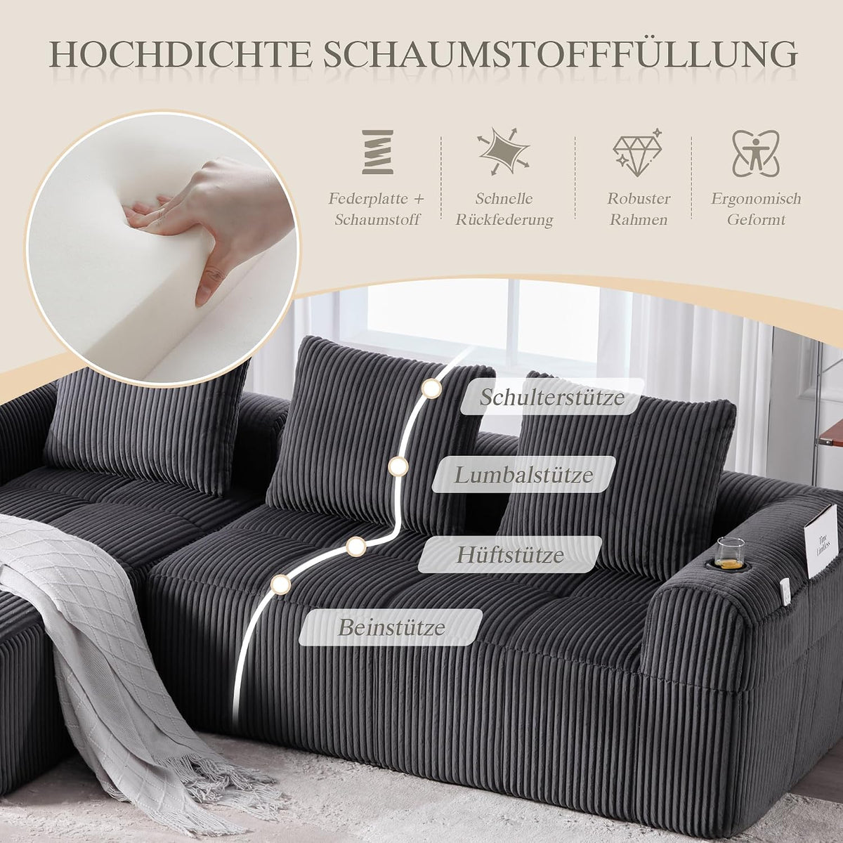 Dolamaní Sofá compacto de 3 plazas de pana con 3 cojines, sofá esquinero en forma de L con función de dormir, suave y modular, asiento extraprofundo, sin montaje, para salón (gris oscuro)