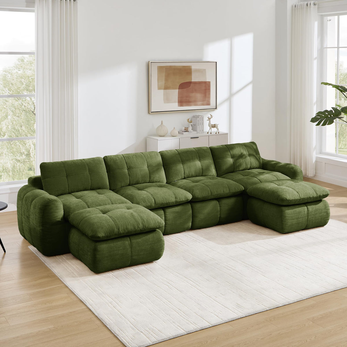 Sofá de 3 plazas con 1 taburete chenilla beige