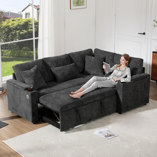 Sofá esquinero extensible en forma de L con puerto USB y portavasos, sofá cama de 4 plazas con función cama, sofá convertible con espacio de almacenamiento y reposabrazos, cojines, chenilla