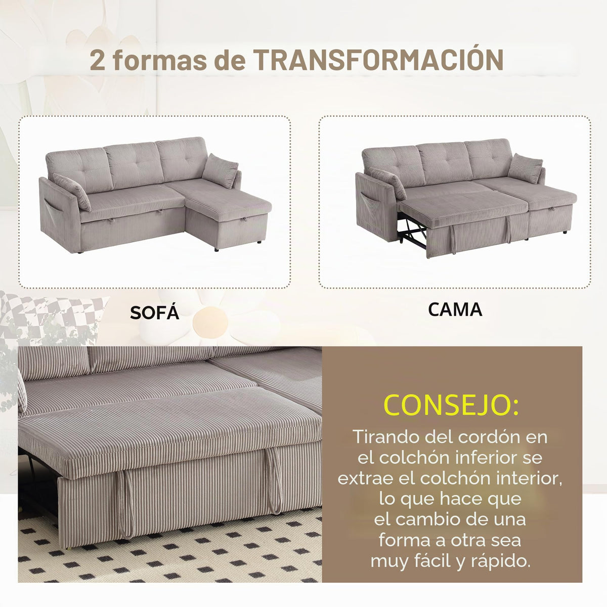 Lubvtti Sofá cama de 3 plazas moderno con función de cama, con espacio de almacenamiento, cargador USB, reposabrazos portaobjetos y 2 cojines, sofá de esquina en L, sofá de 3 plazas, chenilla (C-gris)