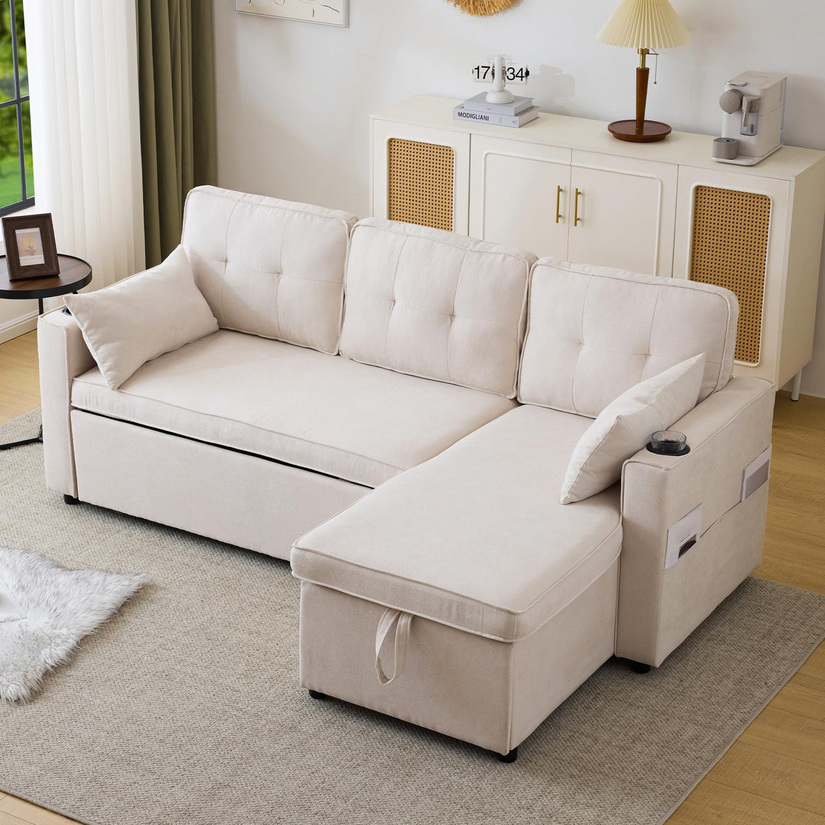 Sofá esquinero extensible en forma de L con puerto USB y portavasos, sofá cama de 4 plazas con función cama, sofá convertible con espacio de almacenamiento y reposabrazos, cojines, chenilla