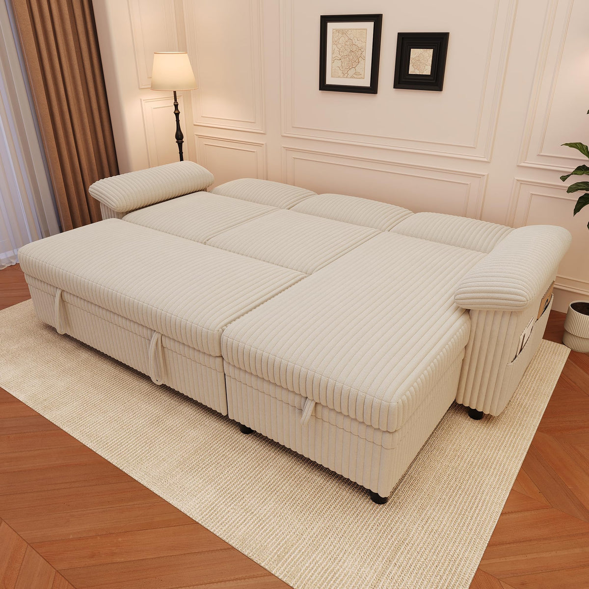 Sofá modular de 3 plazas con función cama extensible y USB/Type-C, sofá esquinero en forma de L con reposacabezas semifijos y compartimento de almacenamiento, sofás con chaise longue