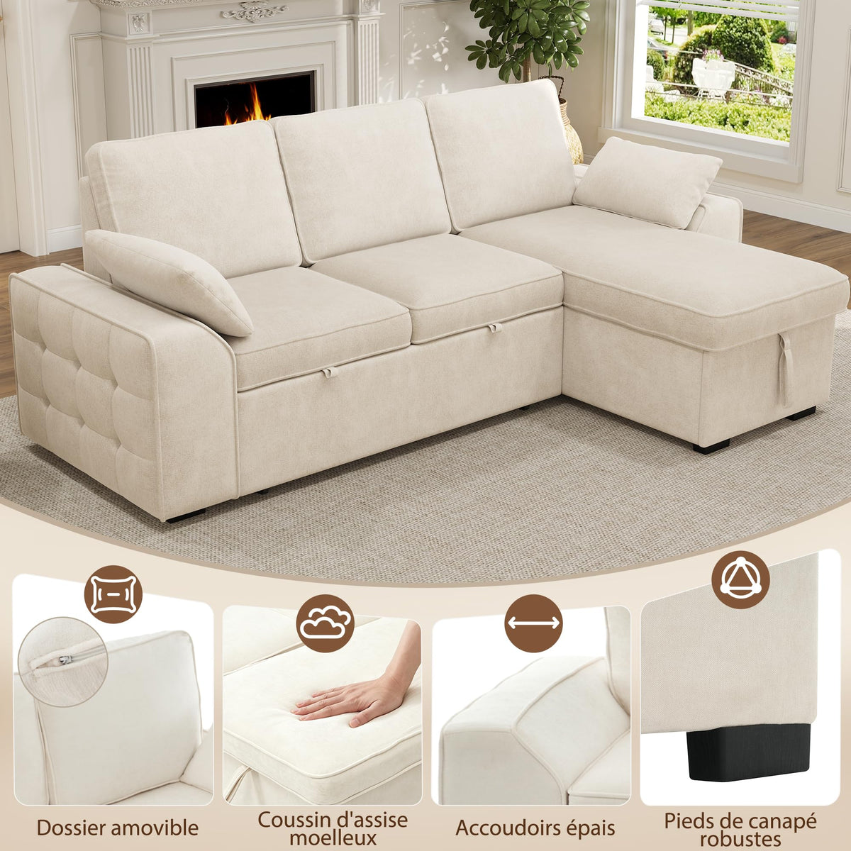 Sofá modular de 3 plazas con función cama extensible y USB/Type-C, sofá esquinero en forma de L con reposacabezas semifijos y compartimento de almacenamiento, sofás con chaise longue