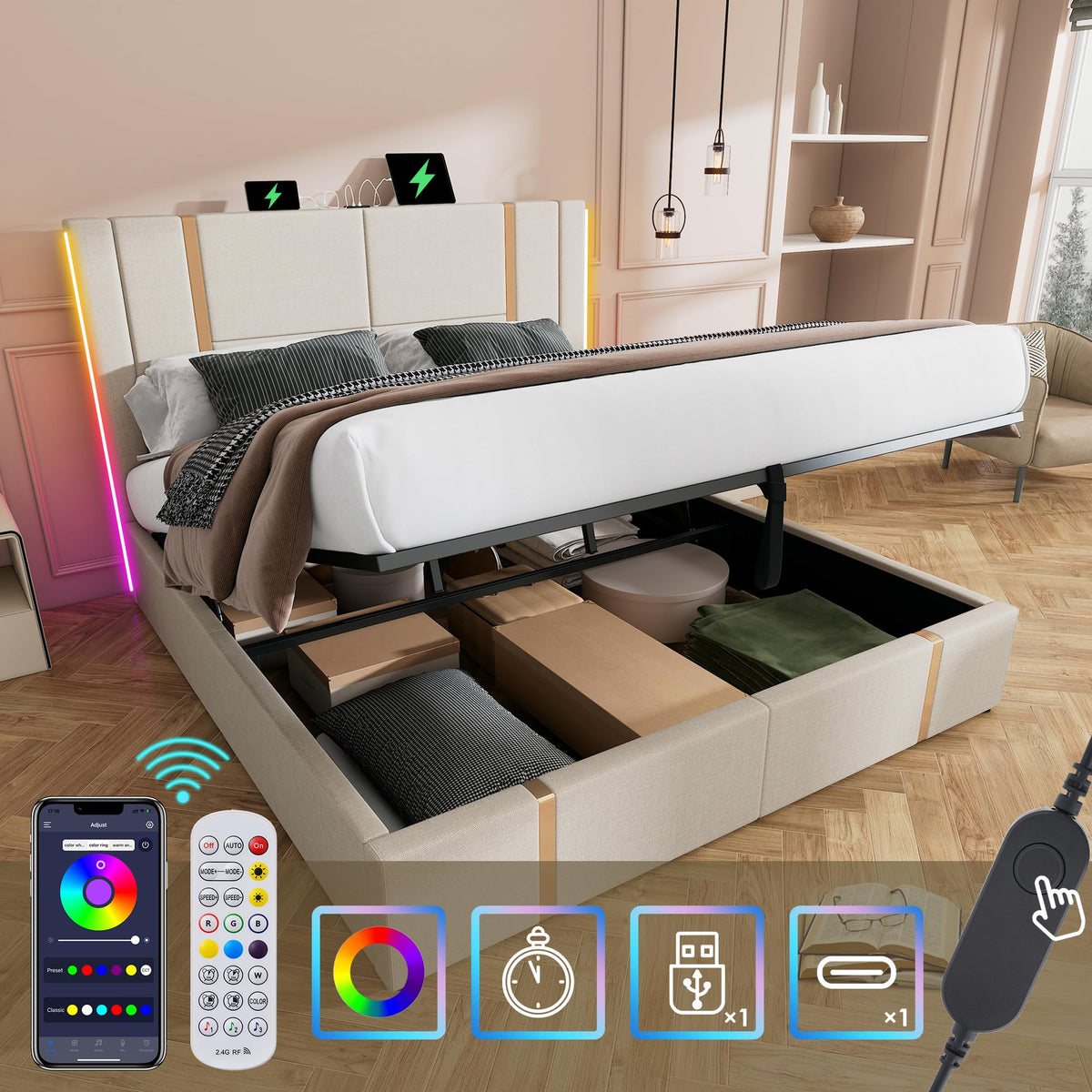 Cama tapizada doble USB tipo C función de carga APP Control LED 180 × 200 cm espacio espacio cama somier de láminas de madera, material de lino beige (sin colchón)