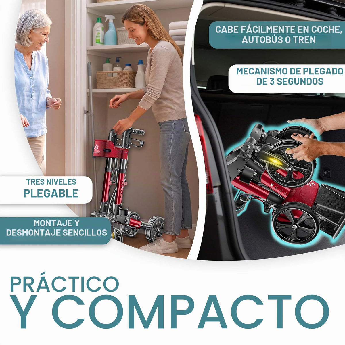 KESSER® Andador plegable con asiento y respaldo, 4 Ruedas/Frenos/Saco de Compra y Porta Bastón, Altura Ajustable 82-94cm, Andador, Carro, Rollator para Ancianos Gris