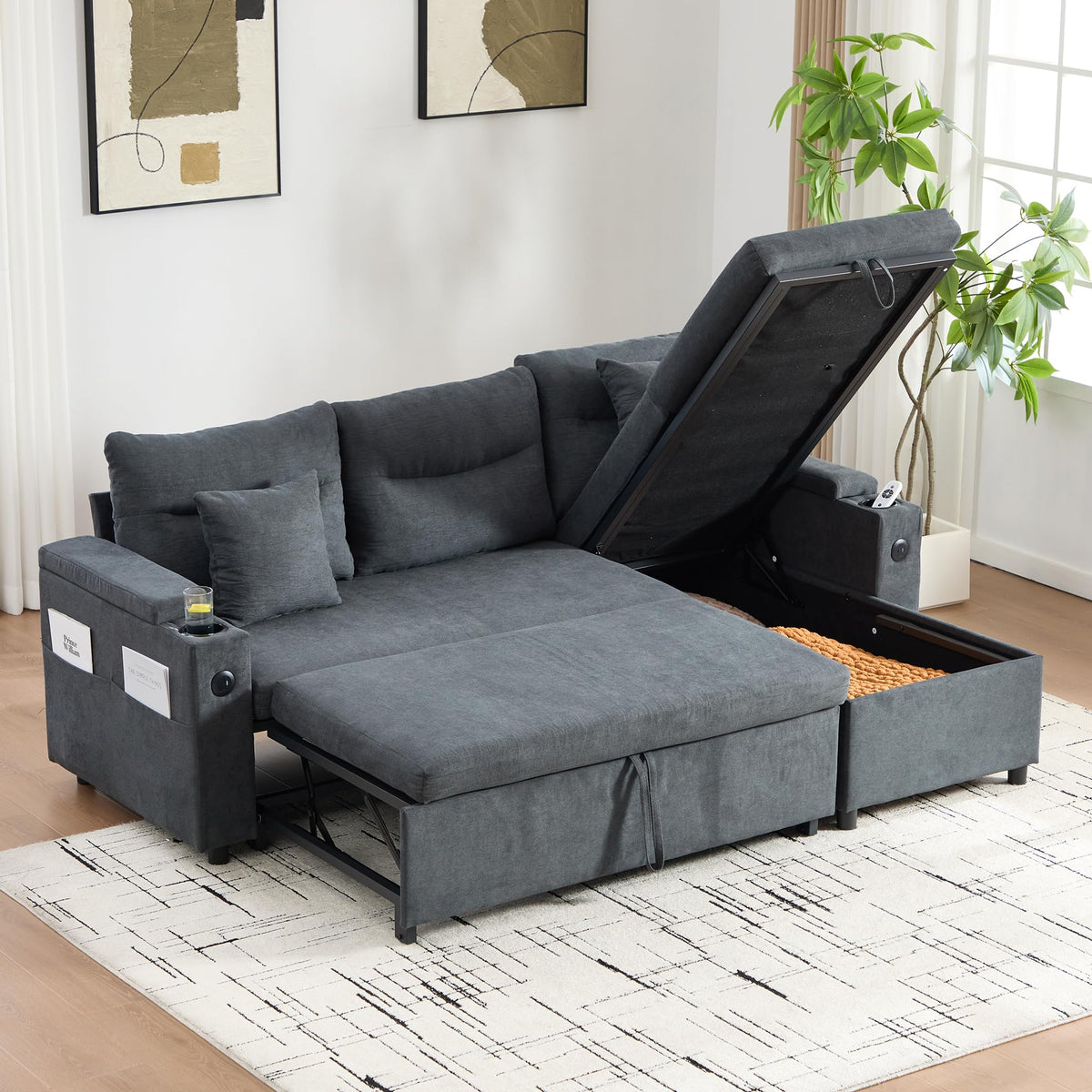 Dolamaní Sofá moderno de 4 plazas de tela de lino con espacio de almacenamiento y función de dormir, sofá cama con cajonera extensible en forma de L para casa y salón (beige B)