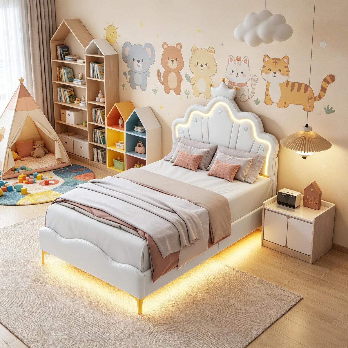Cama Infantil tapizada 140 x 200 cm con LED, Cama tapizada para niños 140 x 200 con cabecera Ajustable Marco de Camas, Camas de Princesa para Niña en Forma de Corona con Somier(Rosa, 140 x 200)