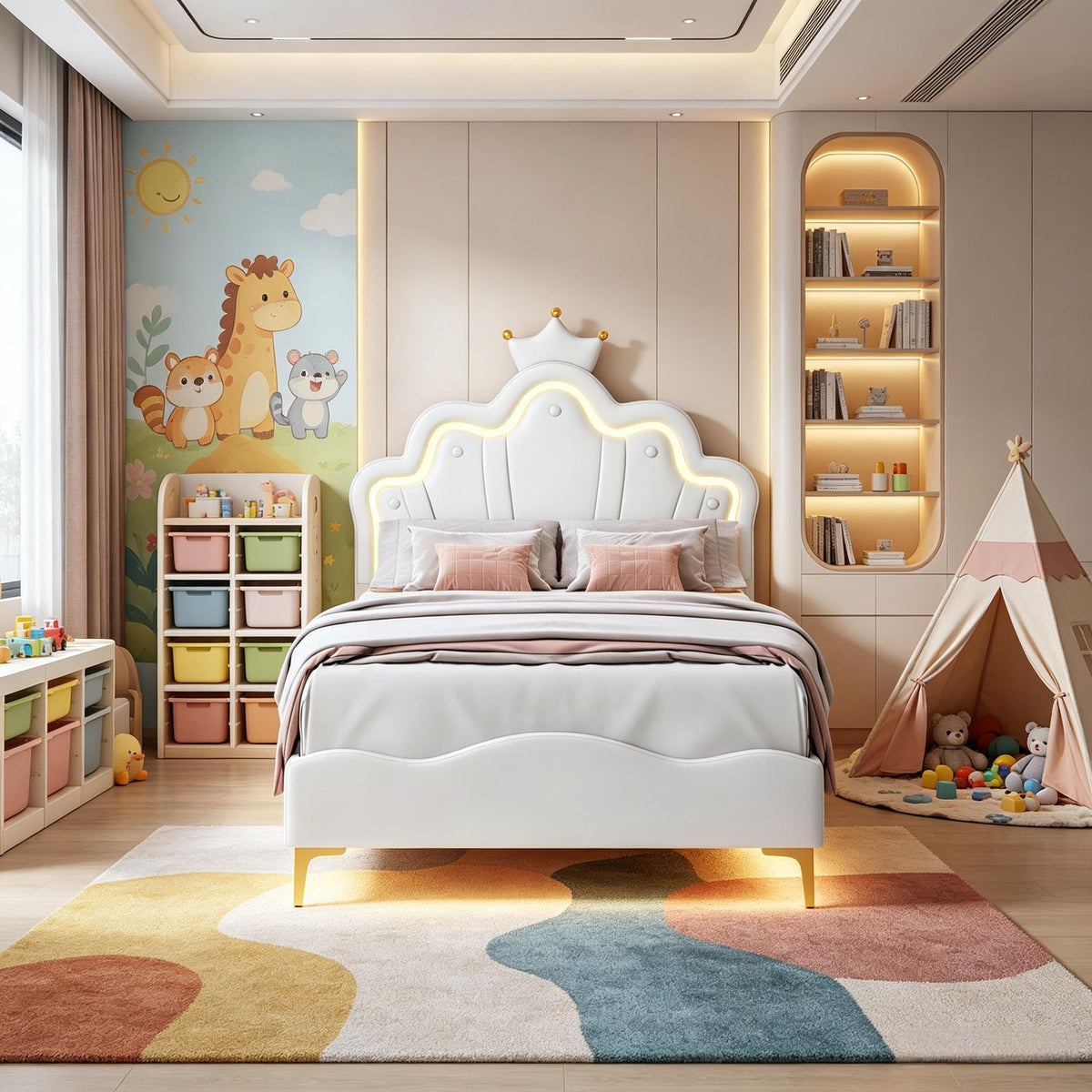 Cama Infantil tapizada 140 x 200 cm con LED, Cama tapizada para niños 140 x 200 con cabecera Ajustable Marco de Camas, Camas de Princesa para Niña en Forma de Corona con Somier(Rosa, 140 x 200)