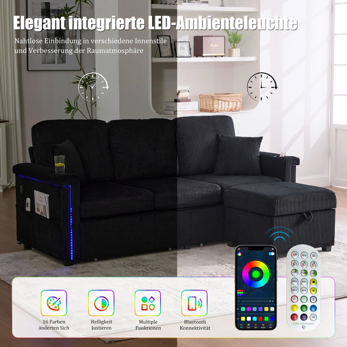 Dolamaní Sofá de terciopelo de 3 plazas con 2 cajones, soporte para bebidas, bolsillos laterales y reposapiés para sala de estar, dormitorio y oficina (beige)