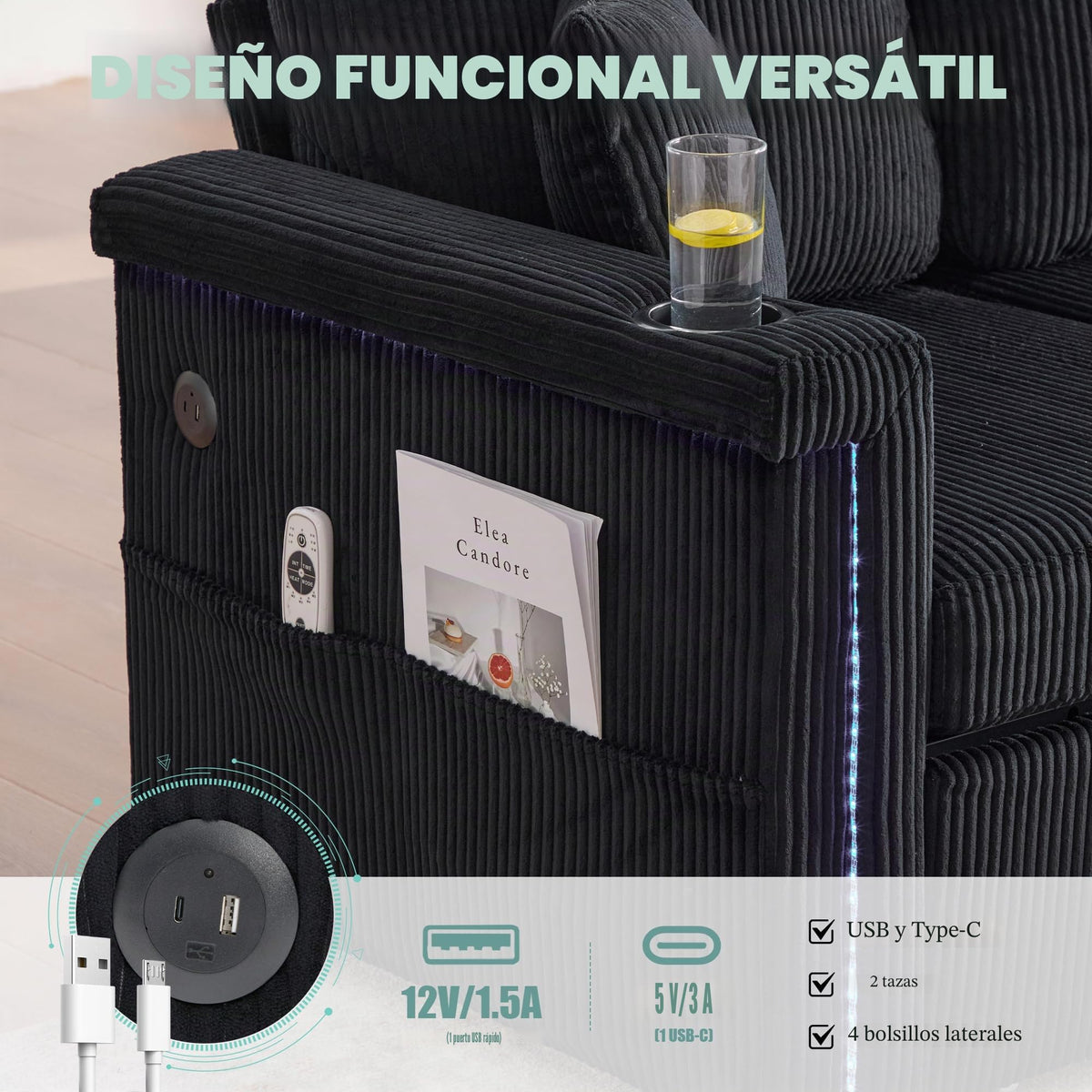 Lubvtti Sofá cama de 3 plazas moderno con función de cama, con espacio de almacenamiento, cargador USB, reposabrazos portaobjetos y 2 cojines, sofá de esquina en L, sofá de 3 plazas, chenilla (C-gris)