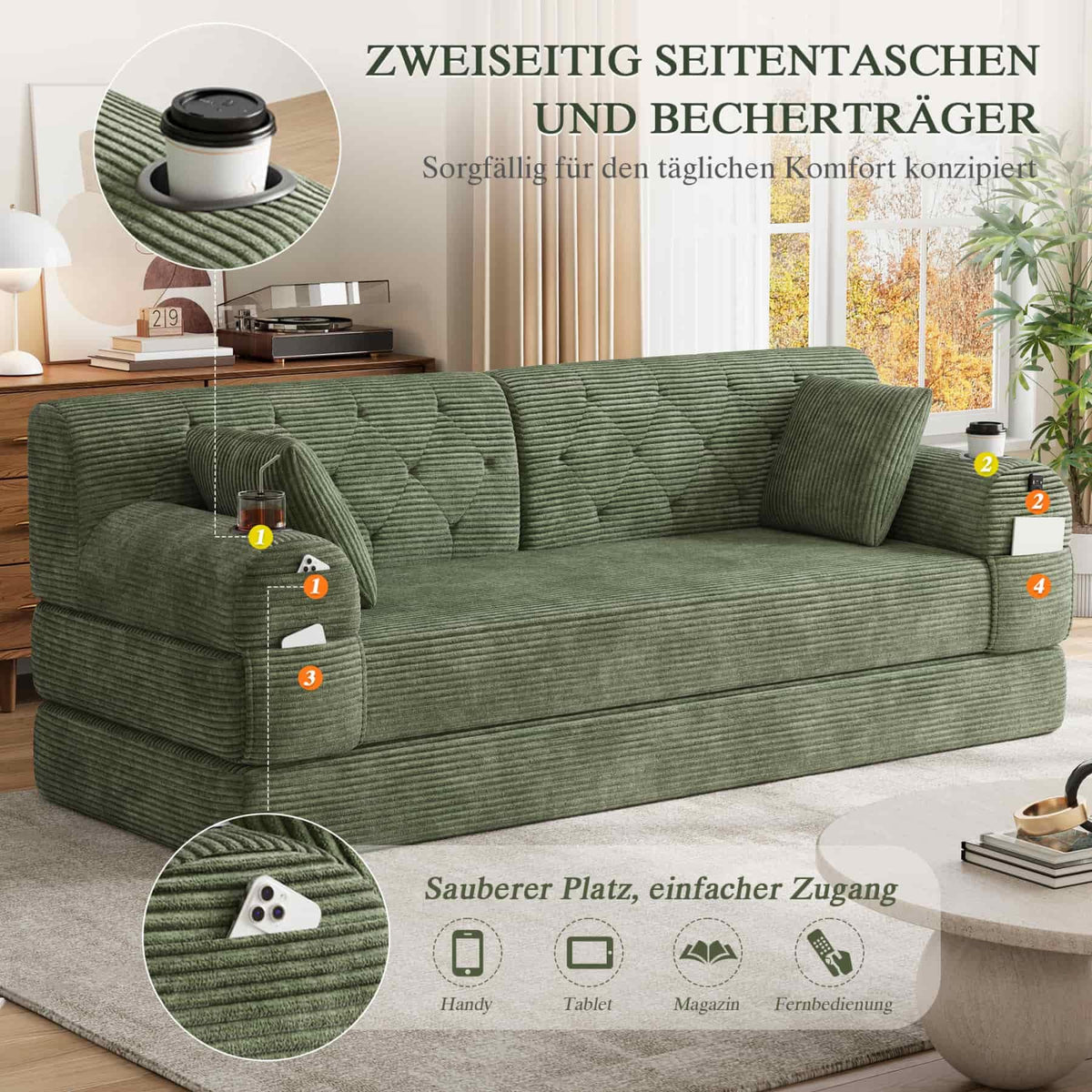 YEHTOKHOME - Sofá de Velor acanalado con respaldo alto y estructura metálica, sofá moderno de 2 plazas con 2 portavasos y 4 bolsillos laterales, para salón, dormitorio (Beige)
