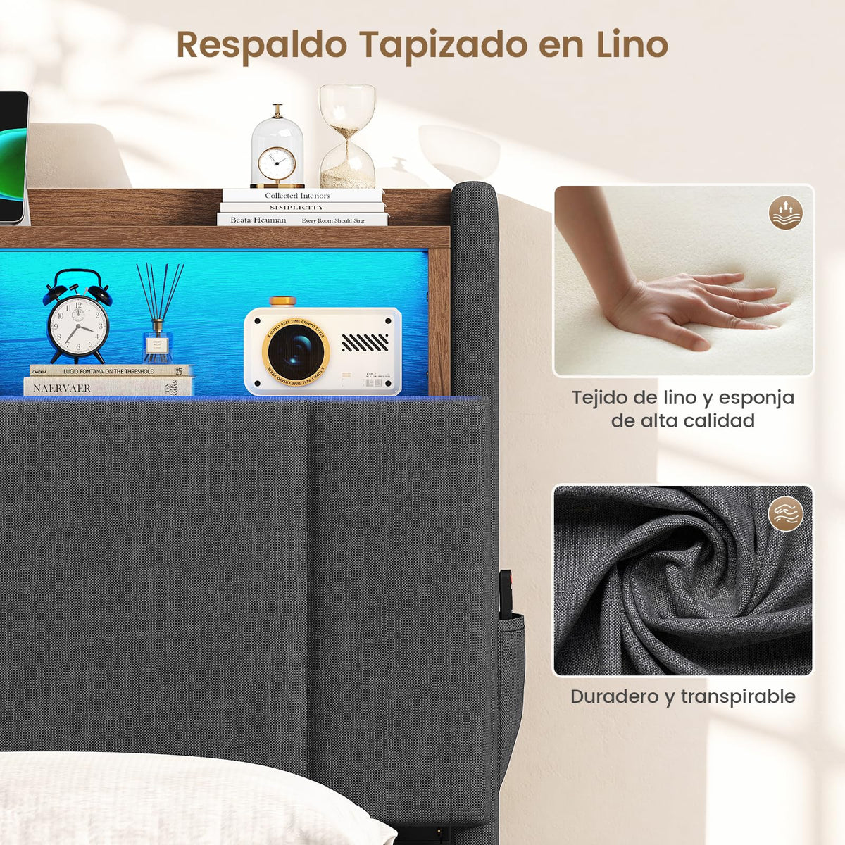 AOGLLATI Cama Matrimonial 140x190 cm con Almacenamiento Hidráulico, Lino