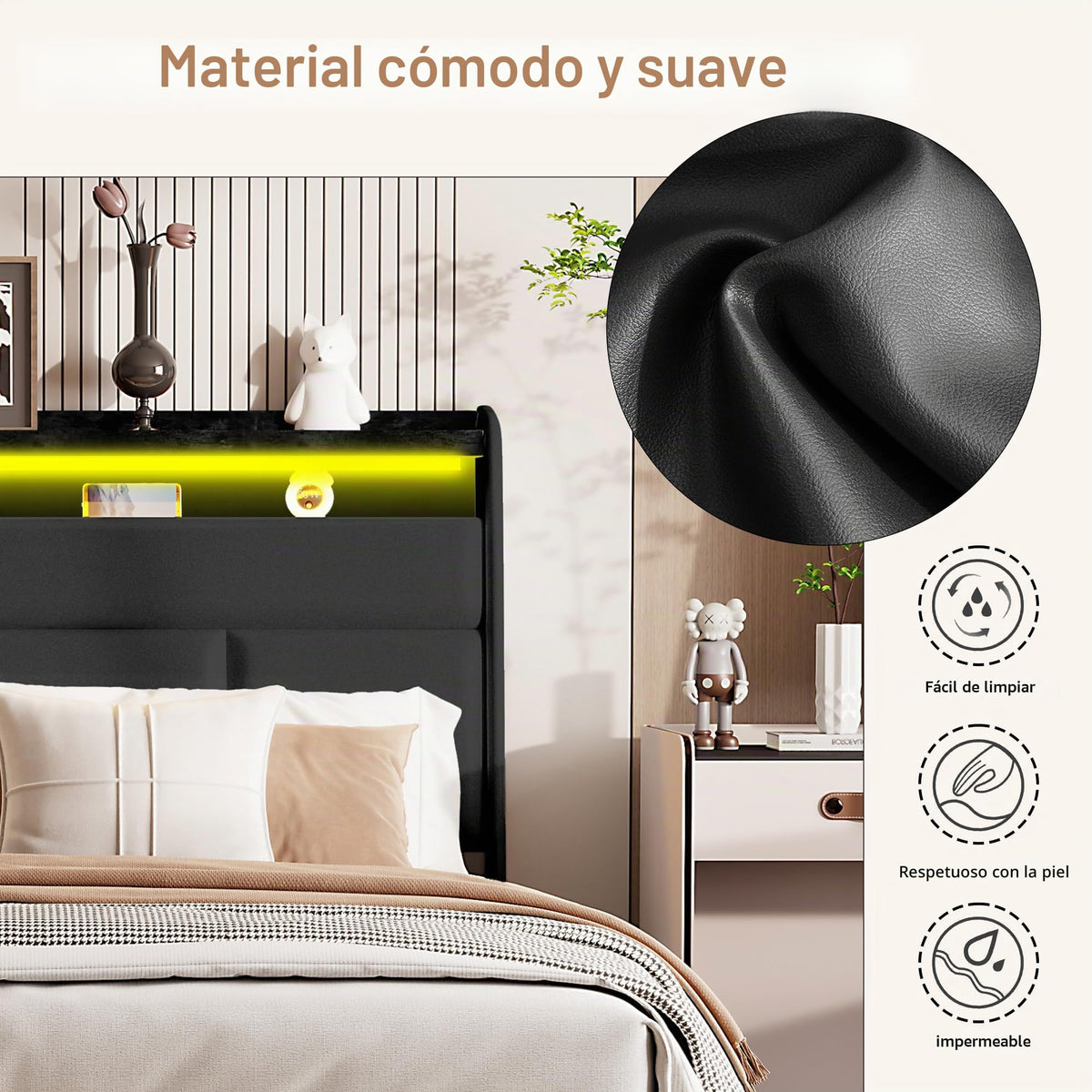 Cama tapizada de 160 x 200 cm, cama doble LED con espacio de almacenamiento, cabecero y función de carga USB C, cama de almacenamiento hidráulico, respaldo con somier de láminas de madera