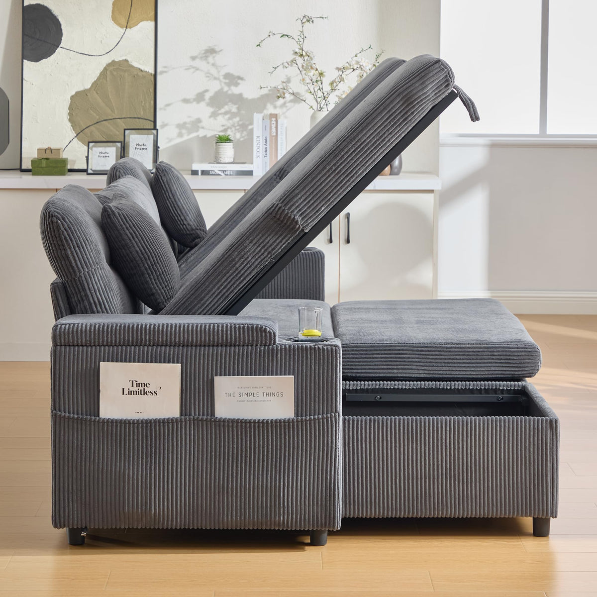 Dolamaní Sofá moderno de 4 plazas de tela de lino con espacio de almacenamiento y función de dormir, sofá cama con cajonera extensible en forma de L para casa y salón (beige B)