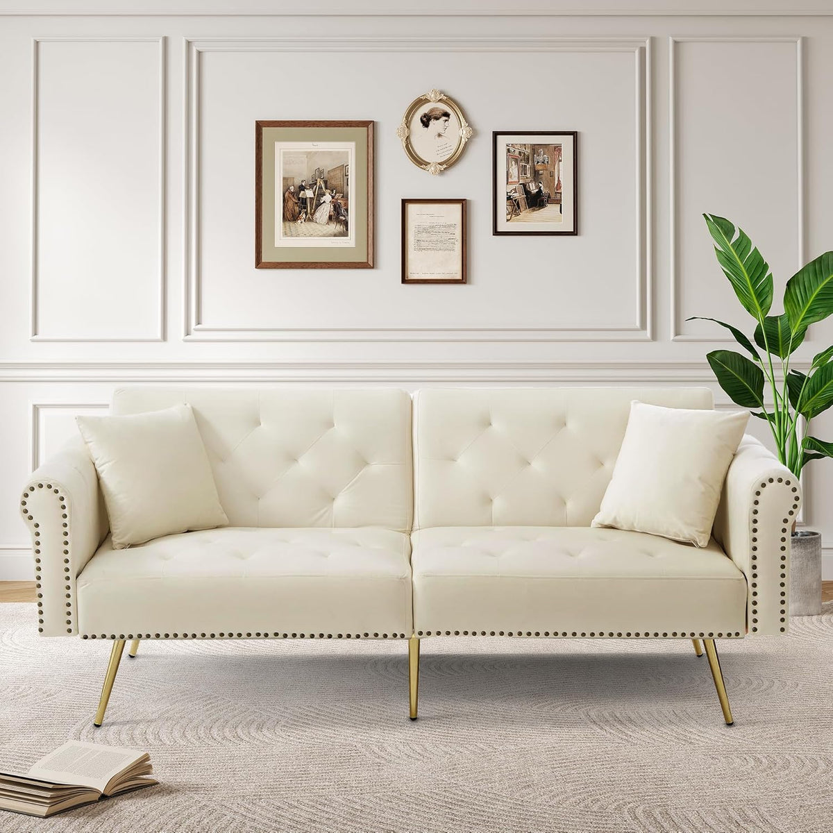 Sofá cama moderno de 2 plazas, tapizado en terciopelo, respaldo ajustable en 3 niveles y patas de metal doradas, elegante sofá con función de dormir, ahorra espacio, resistente, 173 x 75 x 70 cm