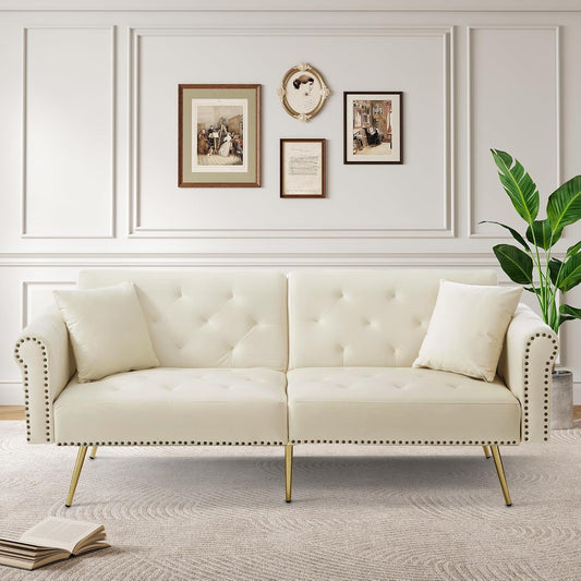 Sofá cama moderno de 2 plazas, tapizado en terciopelo, respaldo ajustable en 3 niveles y patas de metal doradas, elegante sofá con función de dormir, ahorra espacio, resistente, 173 x 75 x 70 cm