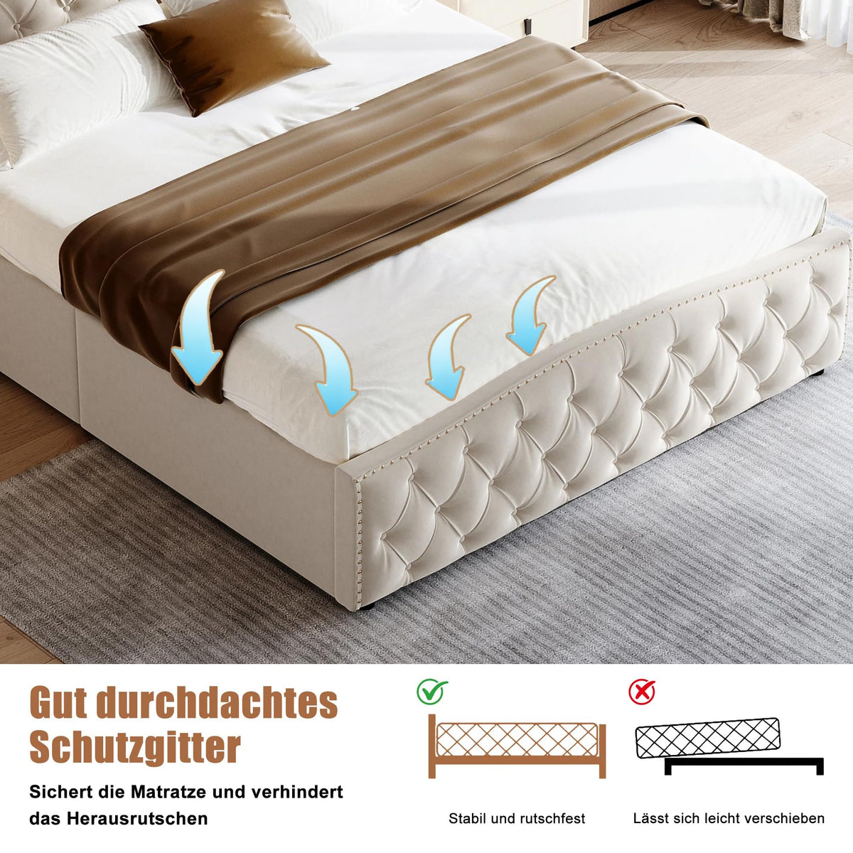 BRILVERDE Cama Tapizada 160x200 con Almacenamiento hidráulico, Cama matrimonial con lámpara de mesita, Cabecero Acolchado y Base de Láminas, Terciopelo (Beige, 160 x 200 cm)