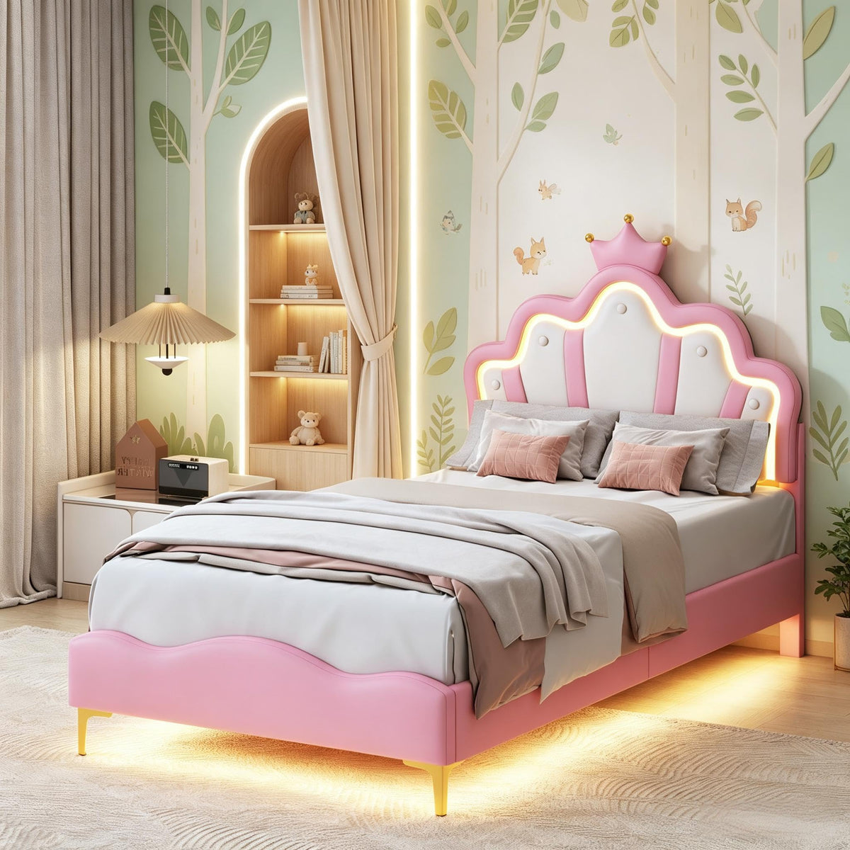 Cama Infantil tapizada 140 x 200 cm con LED, Cama tapizada para niños 140 x 200 con cabecera Ajustable Marco de Camas, Camas de Princesa para Niña en Forma de Corona con Somier(Rosa, 140 x 200)