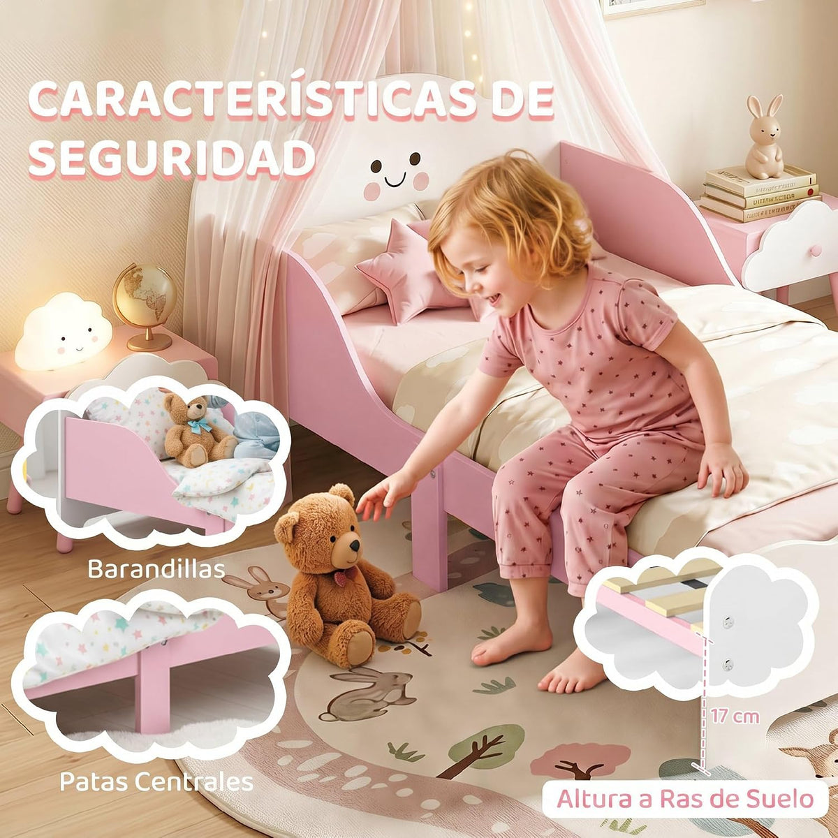 AIYAPLAY Cama Infantil Montessori con Barandillas Altas 70x140 cm Rosa