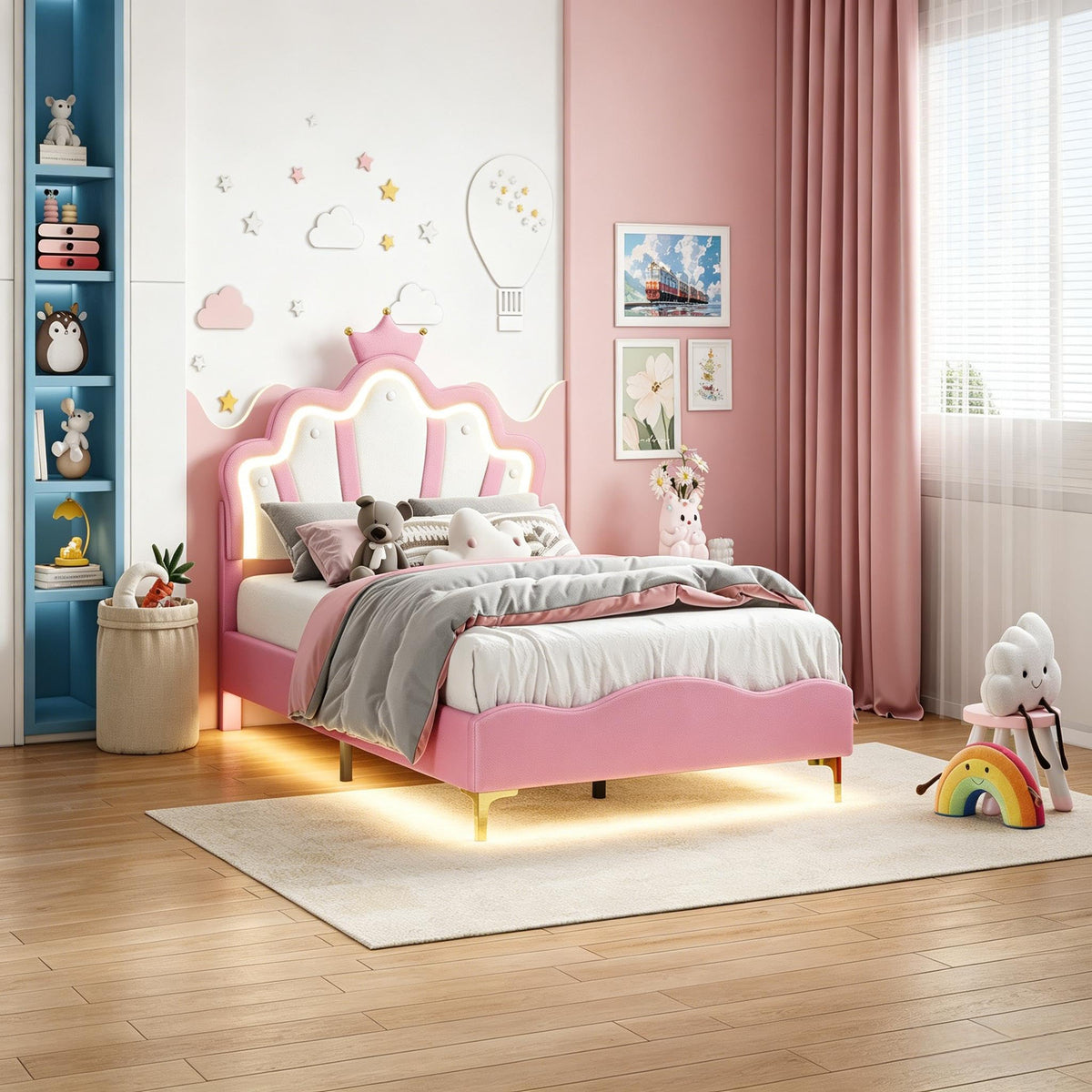 Cama Infantil tapizada 140 x 200 cm con LED, Cama tapizada para niños 140 x 200 con cabecera Ajustable Marco de Camas, Camas de Princesa para Niña en Forma de Corona con Somier(Rosa, 140 x 200)