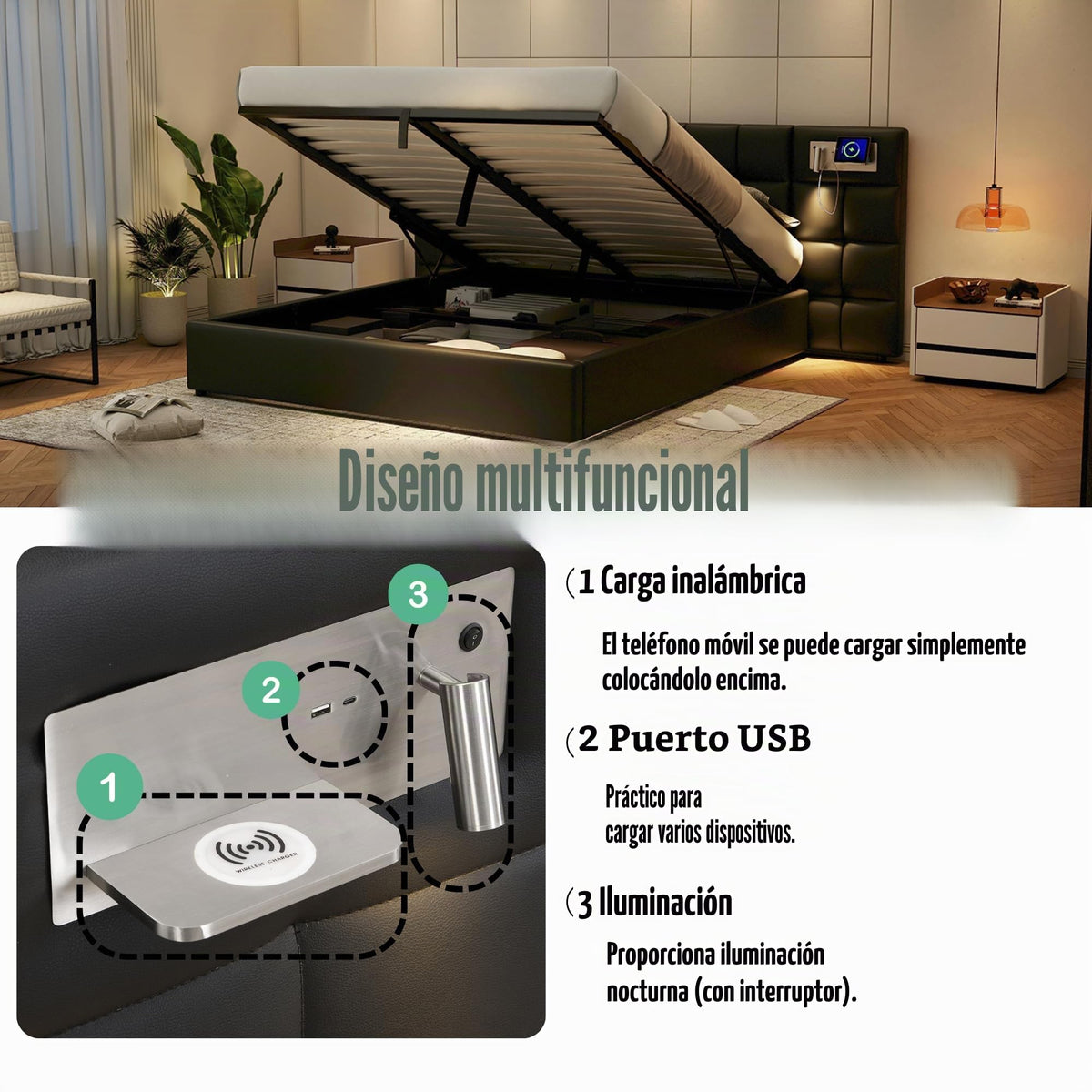 Cama 180x200 cm Camas Matrimoniales con LED y Lámpara de Noche, Cama Doble Tapizada con USB y Cabecero Ancho, Almacenaje Hidráulico, Soporte de Lamas de Madera, Terciopelo, Sin Colchón, Gris