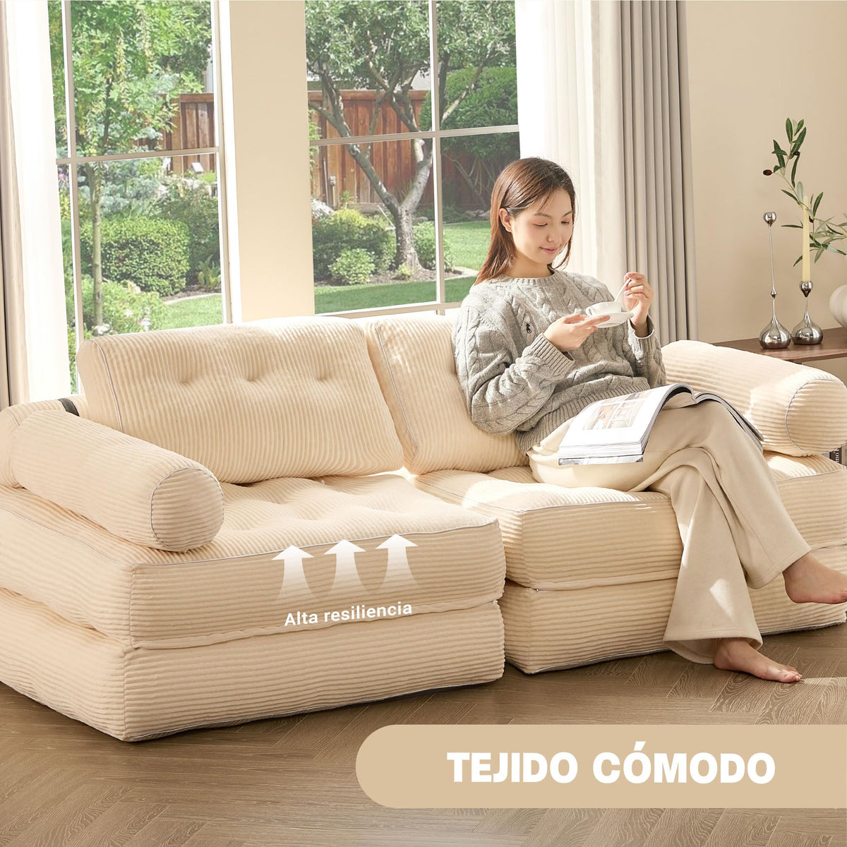 Sofá Convertible 4 en 1, Sofá Cama 1 Plaza, Pana, Negro