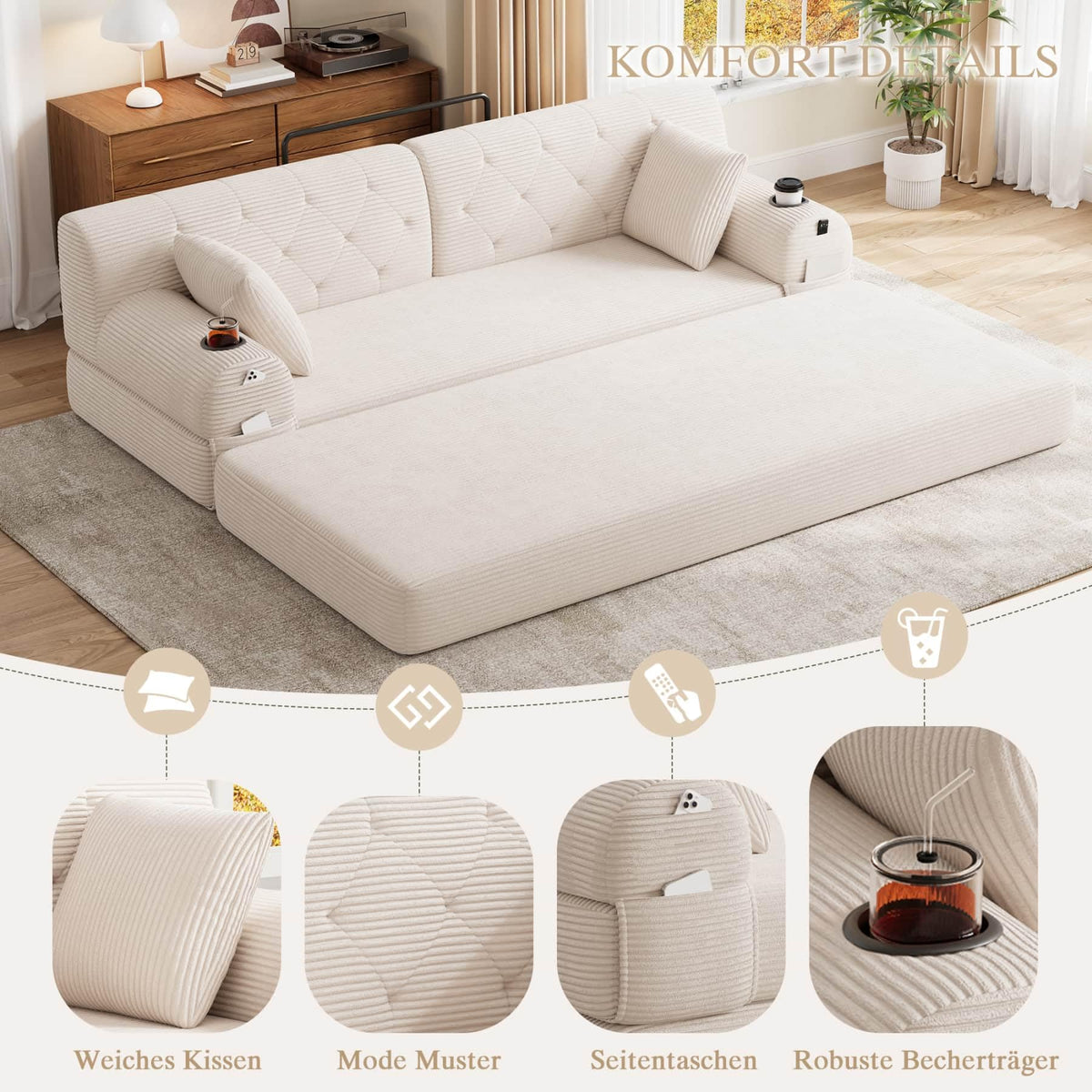 YEHTOKHOME - Sofá de Velor acanalado con respaldo alto y estructura metálica, sofá moderno de 2 plazas con 2 portavasos y 4 bolsillos laterales, para salón, dormitorio (Beige)