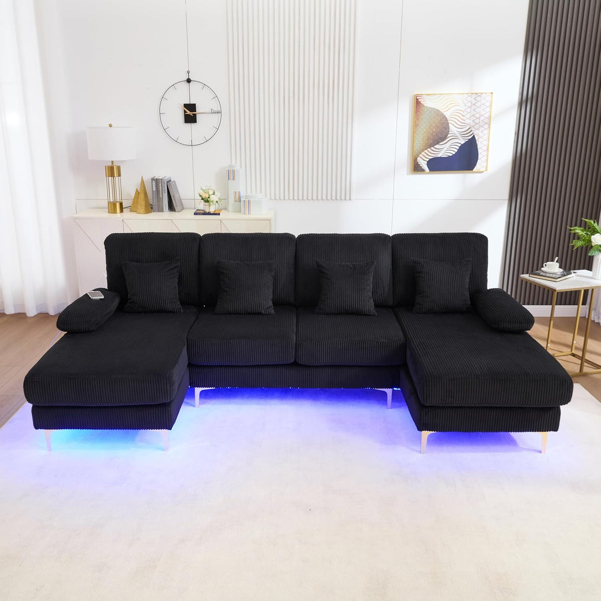 Lubvtti Sofá Moderno en U con iluminación Ambiental LED y Puerto USB+Type-C,sofá 4 plazas con 4 Cojines de Lujo y Respaldo ergonómico, sofá cheslong 4 plazas,Terciopelo,Negro