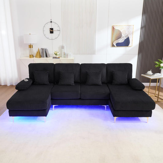 Lubvtti Sofá Moderno en U con iluminación Ambiental LED y Puerto USB+Type-C,sofá 4 plazas con 4 Cojines de Lujo y Respaldo ergonómico, sofá cheslong 4 plazas,Terciopelo,Negro