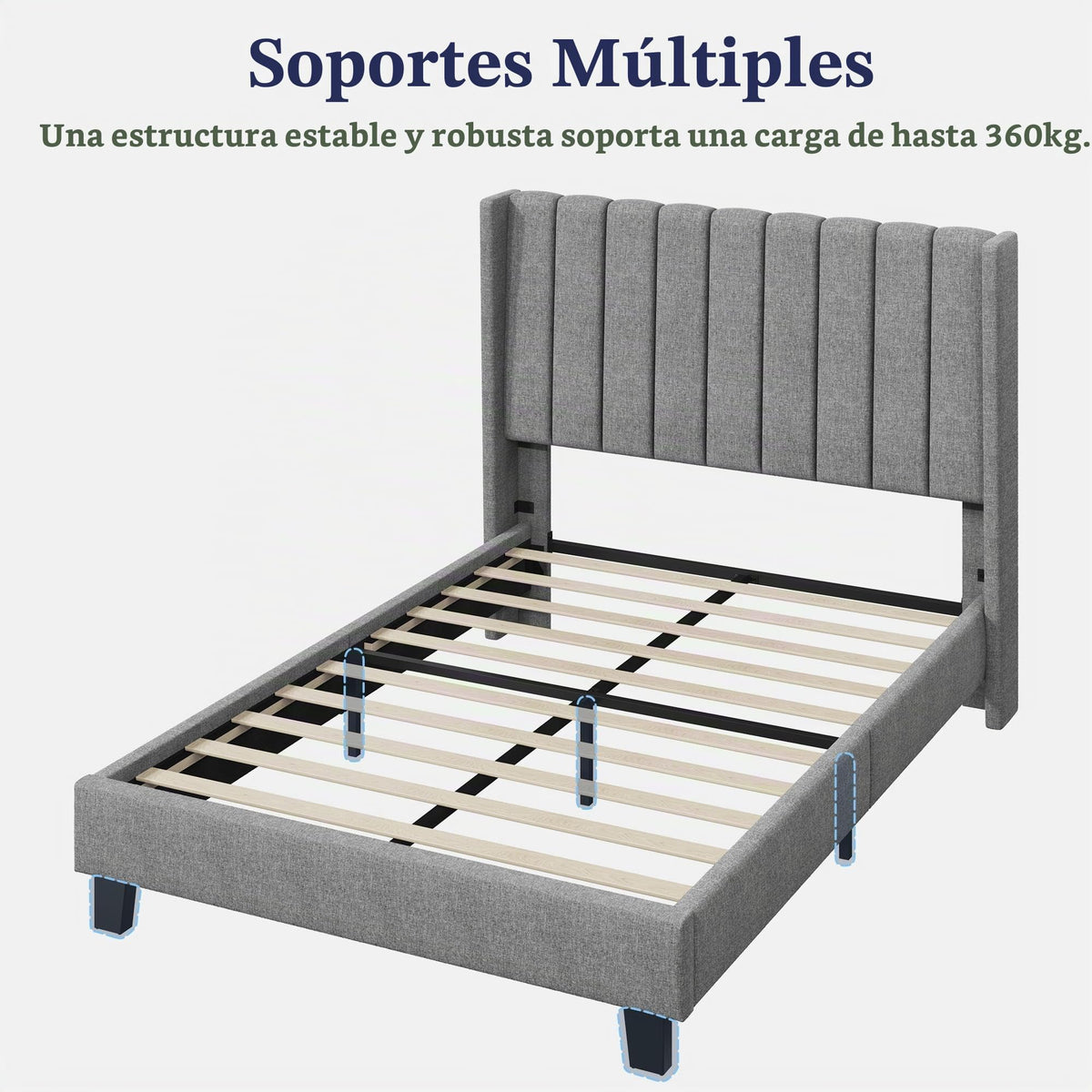 Yaheetech Cama Doble Tapizada 140 x 200cm con Somier de Lamas con Cabecero Rayado Moderno Estructura de Madera y Metal Marco de Cama para Adultos 2 Personas Beige