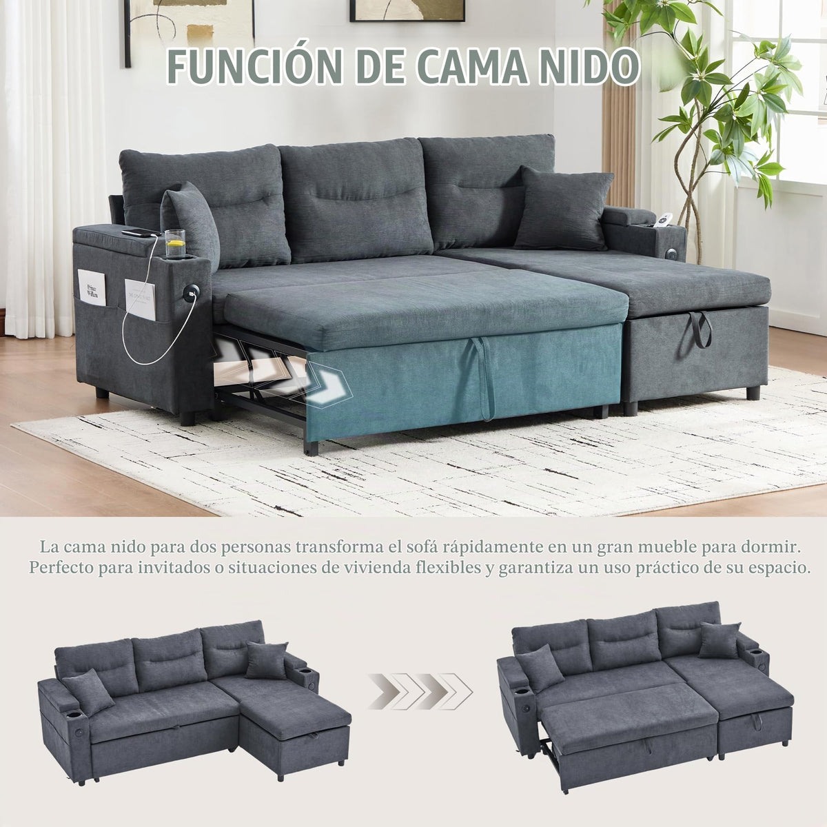 Dolamaní Sofá moderno de 4 plazas de tela de lino con espacio de almacenamiento y función de dormir, sofá cama con cajonera extensible en forma de L para casa y salón (beige B)