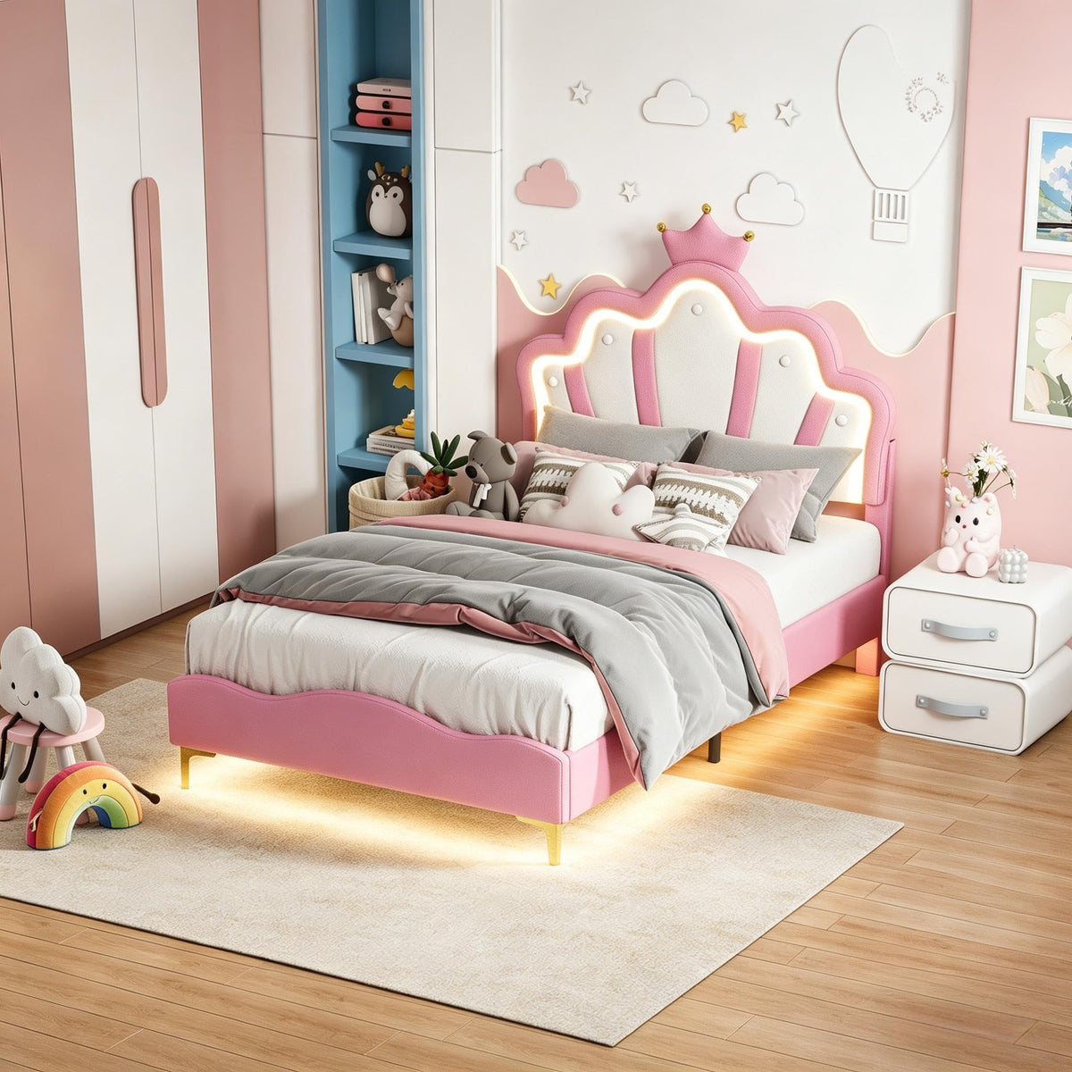 Cama Infantil tapizada 140 x 200 cm con LED, Cama tapizada para niños 140 x 200 con cabecera Ajustable Marco de Camas, Camas de Princesa para Niña en Forma de Corona con Somier(Rosa, 140 x 200)