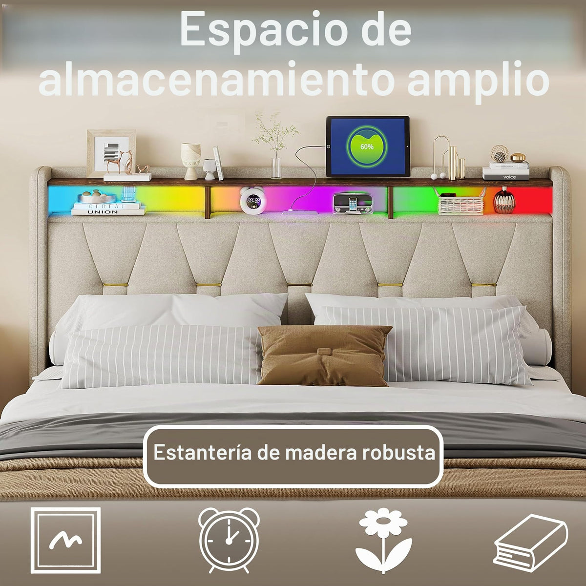 Estructura de Cama de Cuero 160x200cm con Carga USB Type-C, Blanco