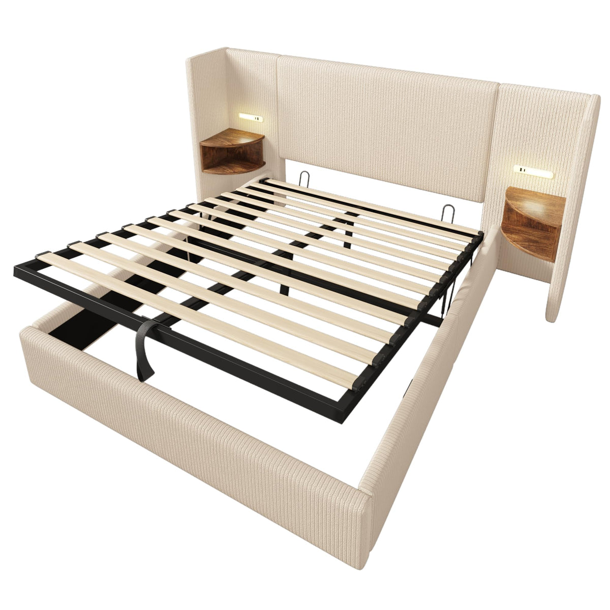 Camas Matrimoniales 160x200 con Cabecero Extendido y Espacio de Almacenaje Hidráulica, Cama Matrimonio con Lámpara de Lectura, Cama Doble con Puerto USB y Tipo C, Lino, Gris, Sin Colchón