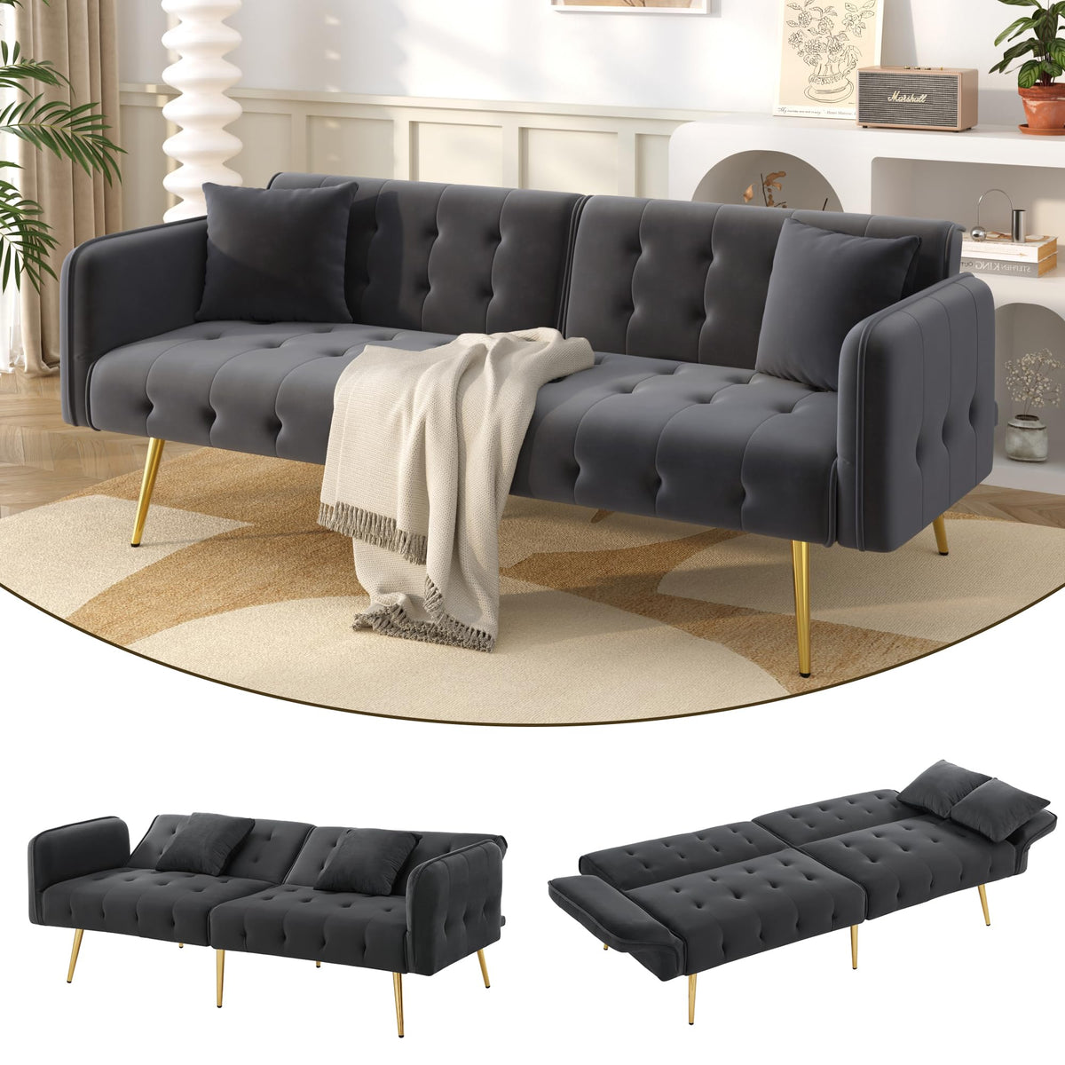 Sofá cama con esquinas ajustables, patas doradas, almohadas y bolsillos laterales para almacenamiento (Bavia)