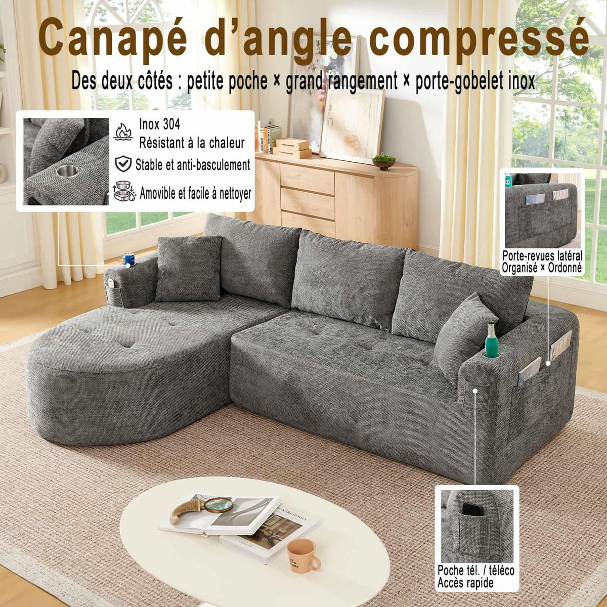 KOMHTOM Sofá Chaise Longue en L con Cojines (Negro)