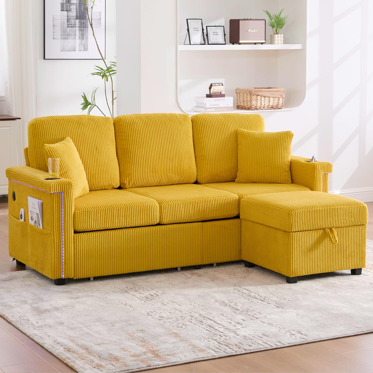 Dolamaní Sofá de terciopelo de 3 plazas con 2 cajones, soporte para bebidas, bolsillos laterales y reposapiés para sala de estar, dormitorio y oficina (beige)