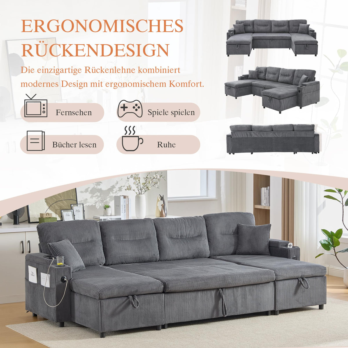 Dolamaní Sofá moderno de 4 plazas de tela de lino con espacio de almacenamiento y función de dormir, sofá cama con cajonera extensible en forma de L para casa y salón (beige B)