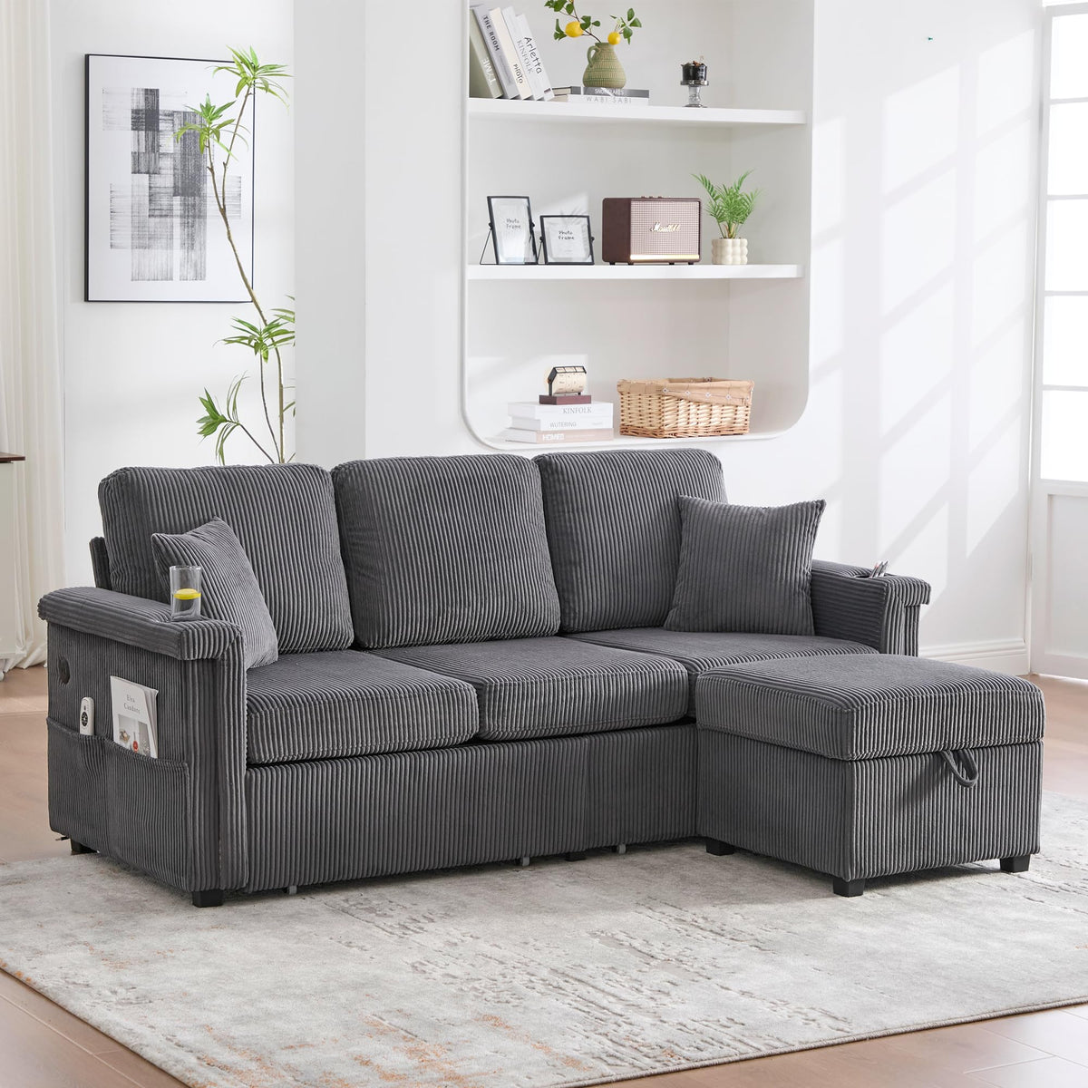 Dolamaní Sofá de terciopelo de 3 plazas con 2 cajones, soporte para bebidas, bolsillos laterales y reposapiés para sala de estar, dormitorio y oficina (beige)