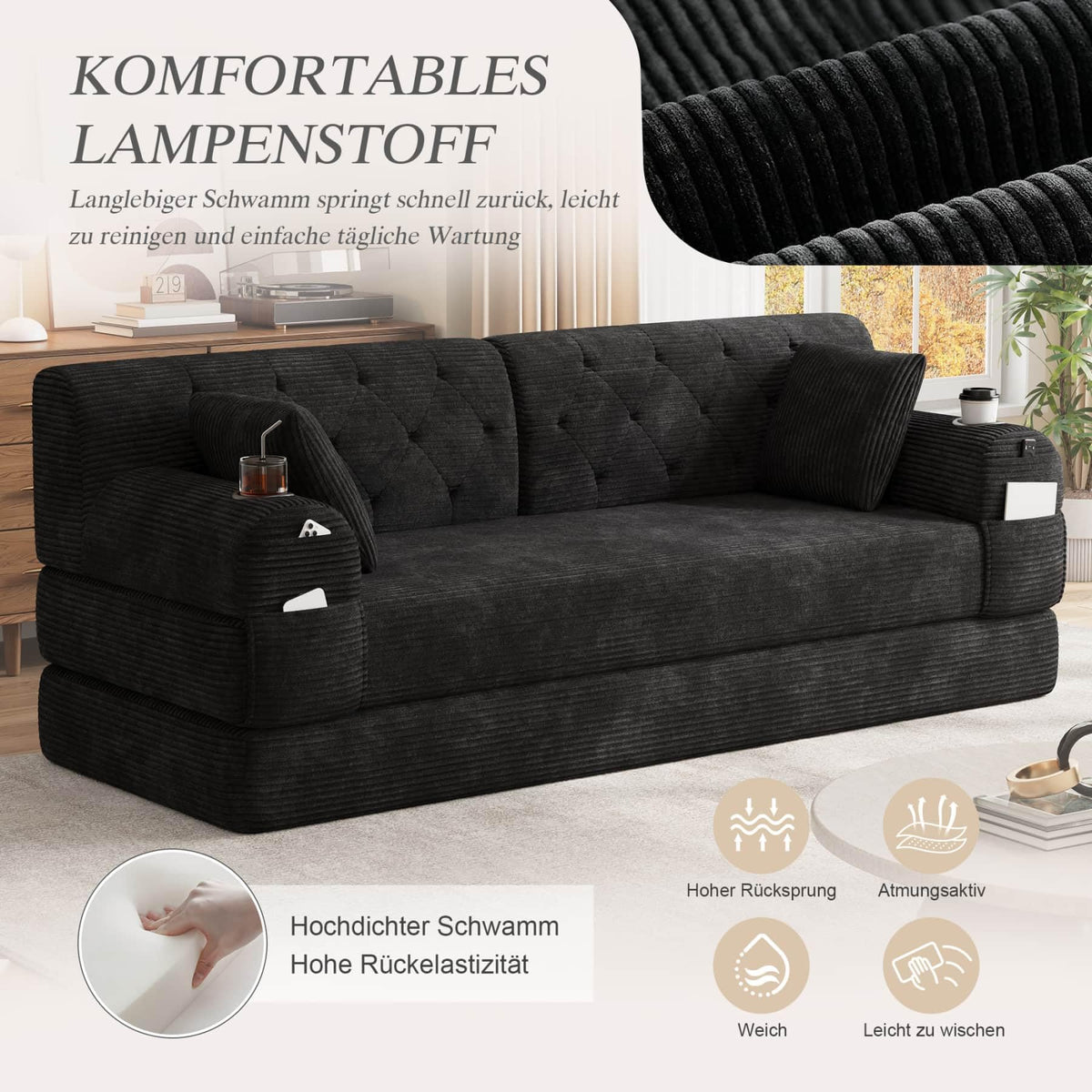 YEHTOKHOME - Sofá de Velor acanalado con respaldo alto y estructura metálica, sofá moderno de 2 plazas con 2 portavasos y 4 bolsillos laterales, para salón, dormitorio (Beige)