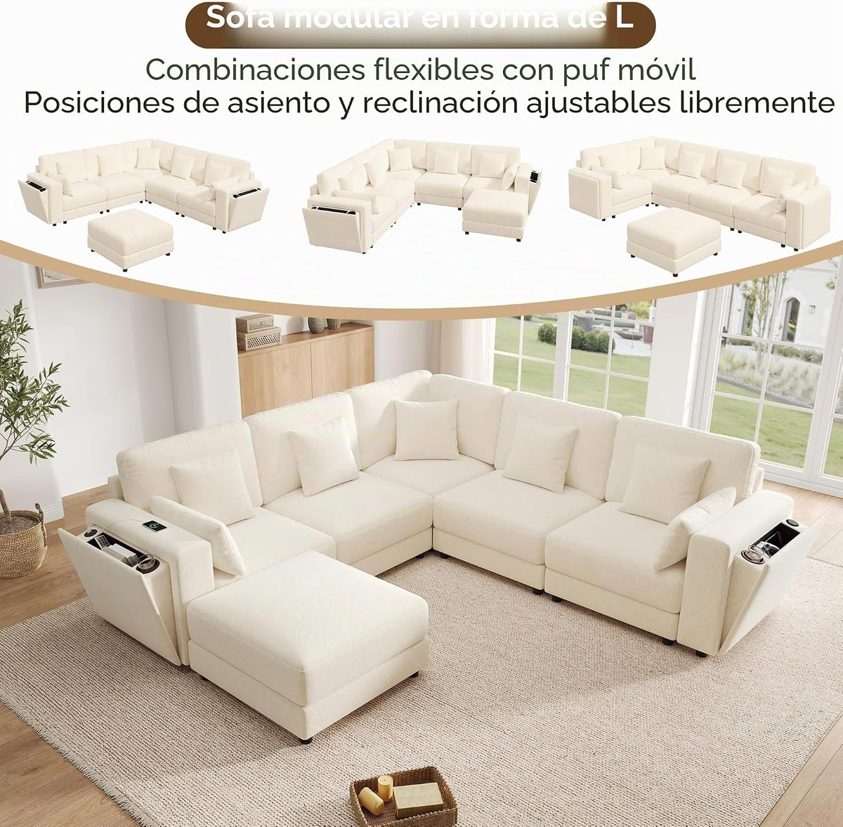 Sofá modular de 6 plazas, sofá esquinero en forma de L/U, puertos USB/tipo C, portavasos y espacio de almacenamiento, tela de chenilla, 7 cojines, salón, dormitorio y oficina, color beige