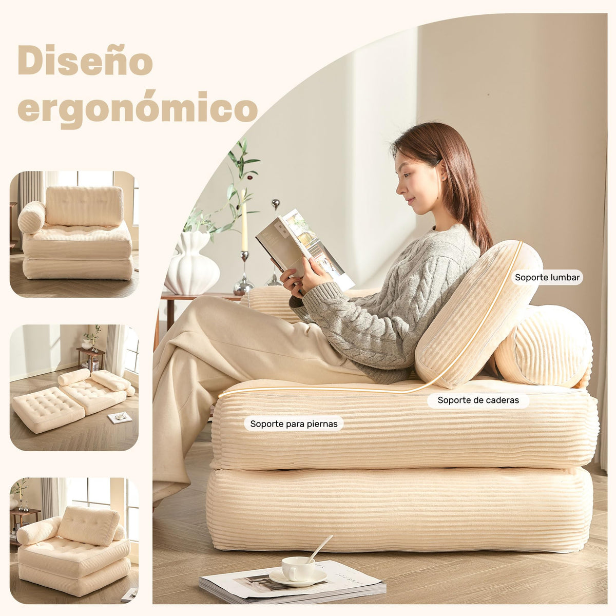 Sofá Convertible 4 en 1, Sofá Cama 1 Plaza, Pana, Negro
